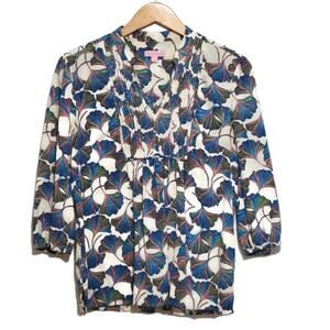 Lilly Pulitzer Vivi Floral V Neck A Line Blue and White Blouse Top Size S